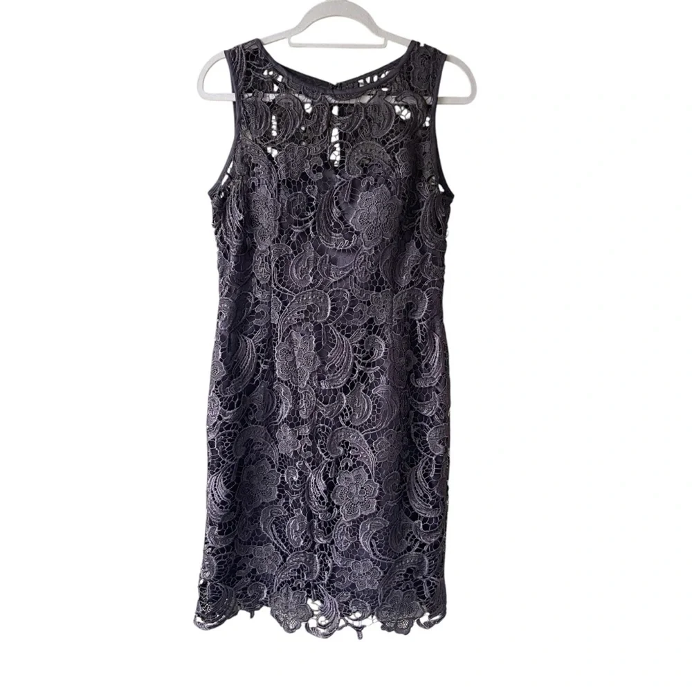 Adrianna Papell Illusion Neck Gray Lace Sheath Dress with Keyhole Back sz 8 - Picture 2 of 8